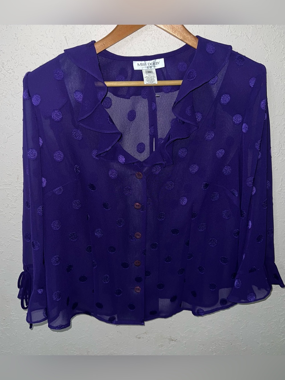 Miss Dorby vintage sheer purple Polka Dot Ruffle Trim Button Up blouse Size 16.